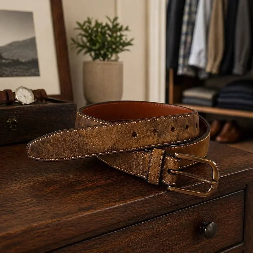 Johnston & Murphy Leather Belt Mens 38 Brown Distressed Oiled Contrast Stitched
